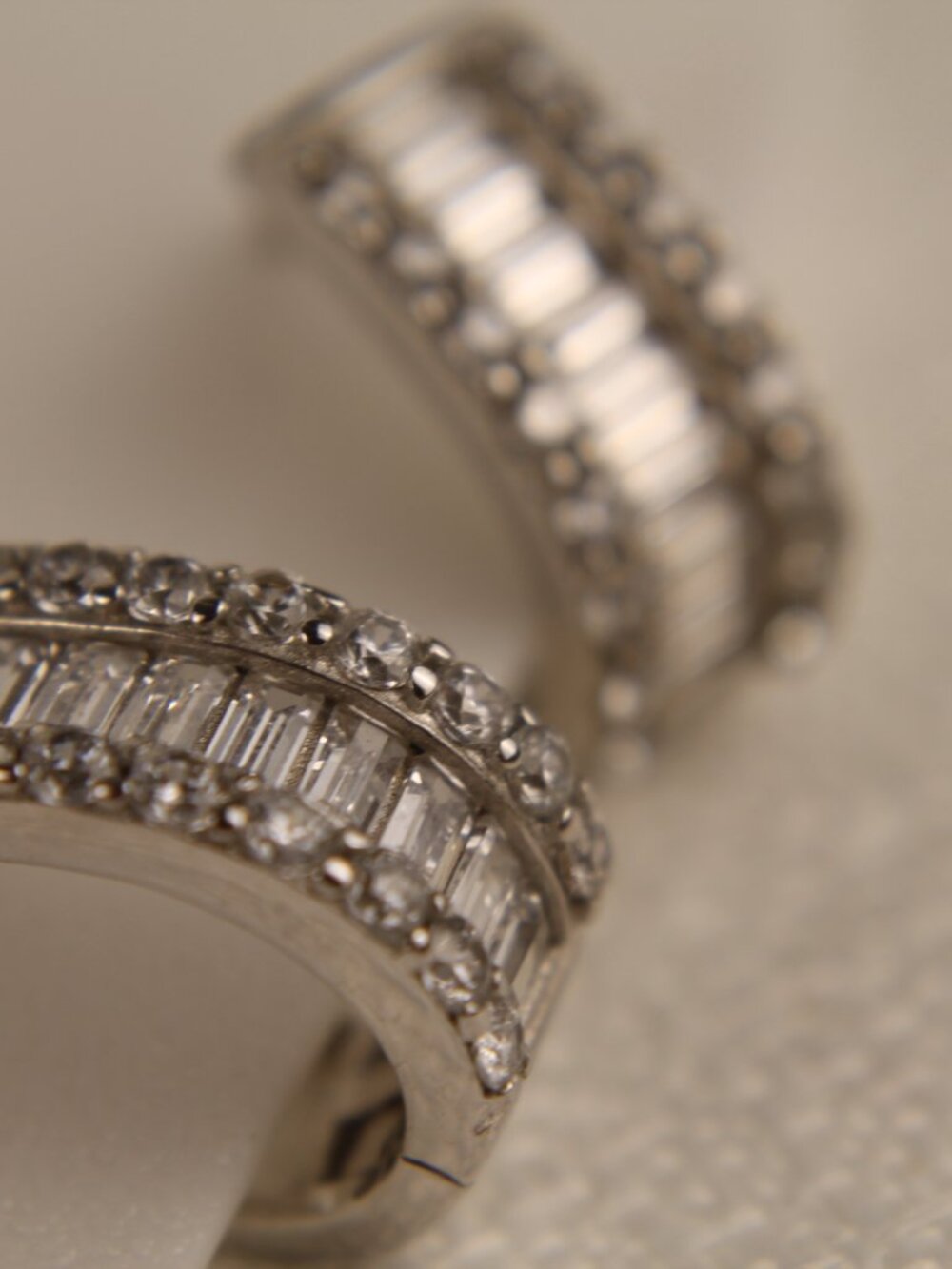 HD 925 Sterling Silver Baguette Round CZ Three Row Huggie Hoop Earrings 0.5"